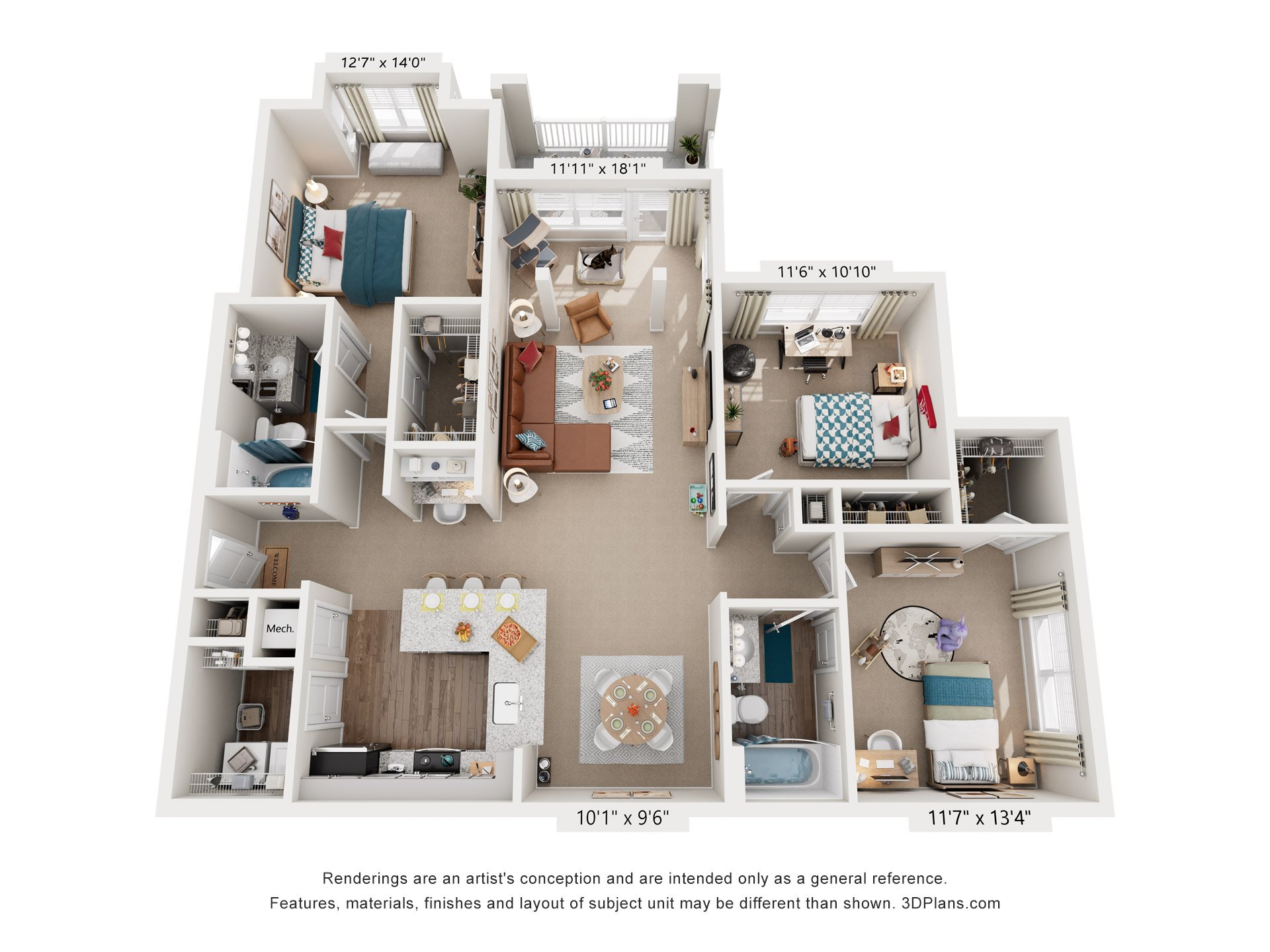 Floor plan for 3 beds, 2 baths, 1525 sqft